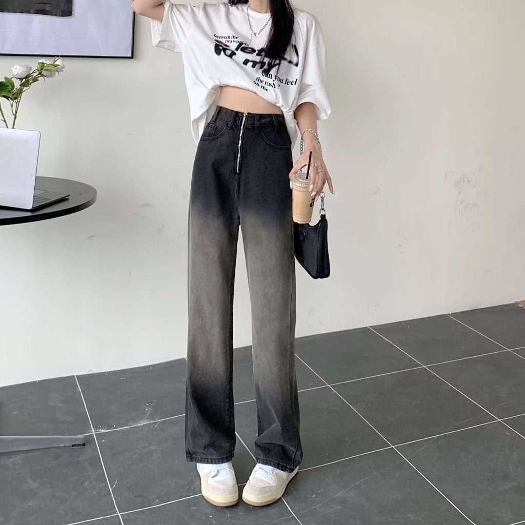 Quần jean dài DADUHEY lưng cao dáng rộng màu gradient phối khóa kéo thời trang Hàn Quốc cá tính cho nữ