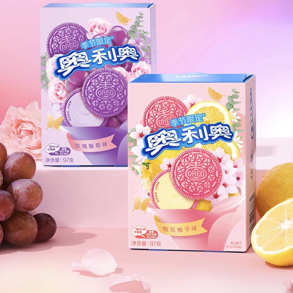 Oreo hồng vị hoa anh đào bưởi, oreo tím hoa hồng nho, oreo ô long đào, nho đào, berries