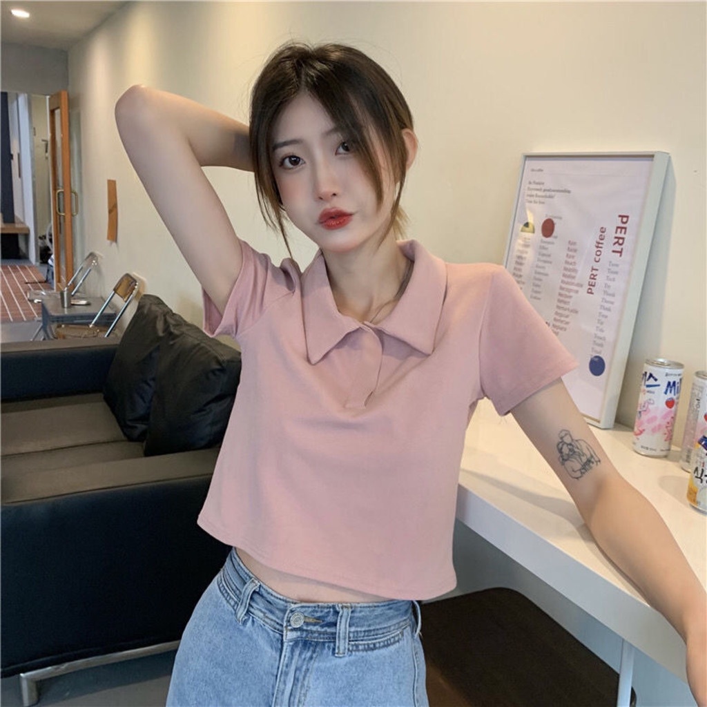 Áo polo croptop nữ tay ngắn có cổ vải cotton co giãn màu hồng Geleva GE932