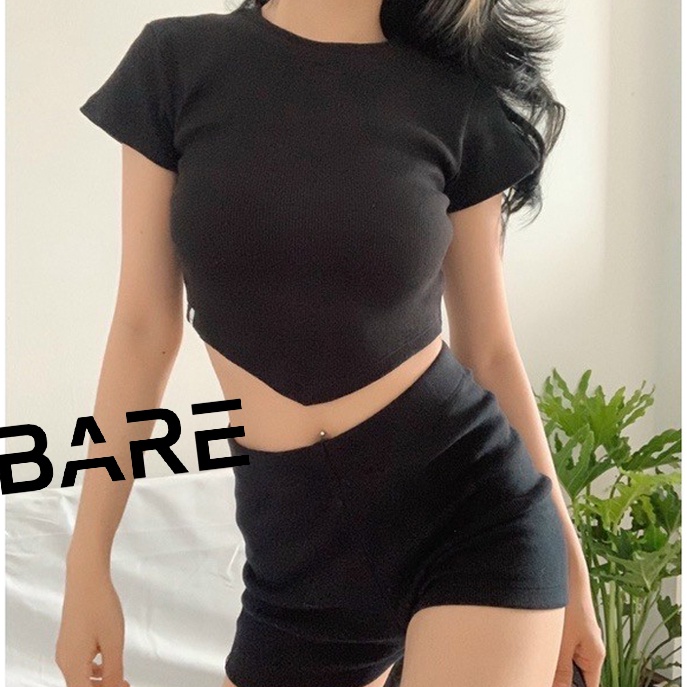 Áo thun croptop nữ tay ngắn áo croptop ôm cổ tròn vạt tam giác chất thun gân tăm cá tính Basic Bare - AO079