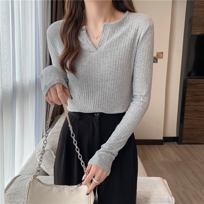 Áo Len Croptop Dài Tay Cổ Chữ V Chất Len Tăm Mềm Mịn Phong Cách Hàn Quốc