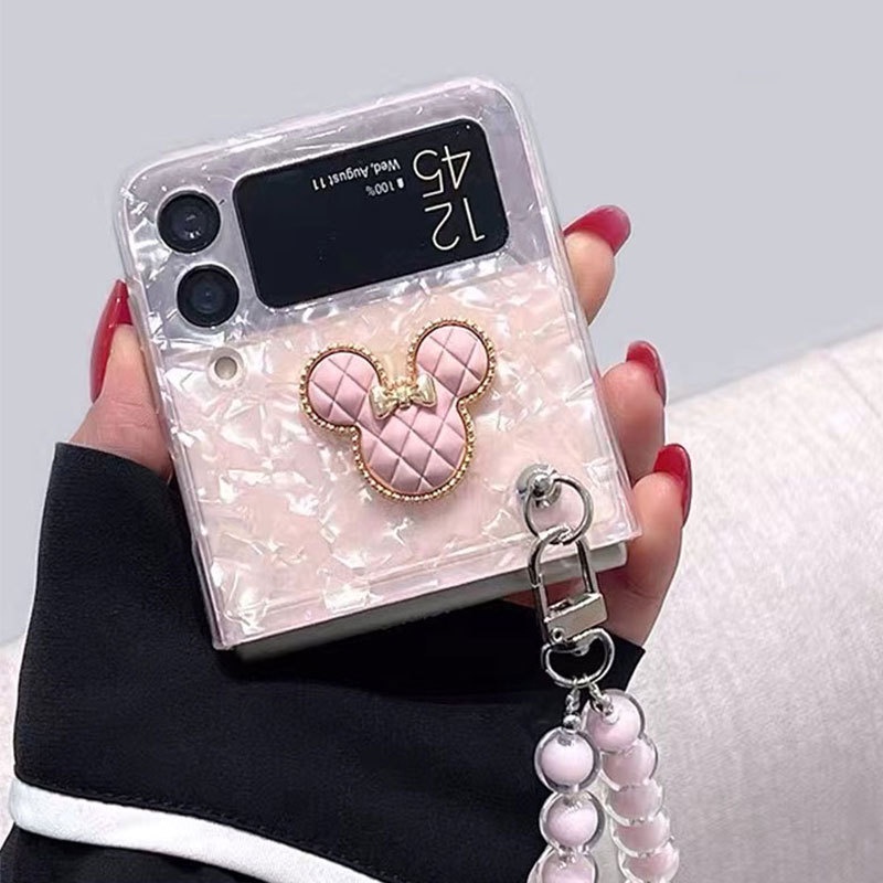 Samsung Galaxy Z Flip 4G 4 3 Flip3 Flip4 5G Thời trang ❥ ❈ Phim hoạt hình Sweet Mickey Hạt di động Chuỗi tay Họa tiết vỏ ốc xà cừ Dreamy Vỏ điện thoại mềm
