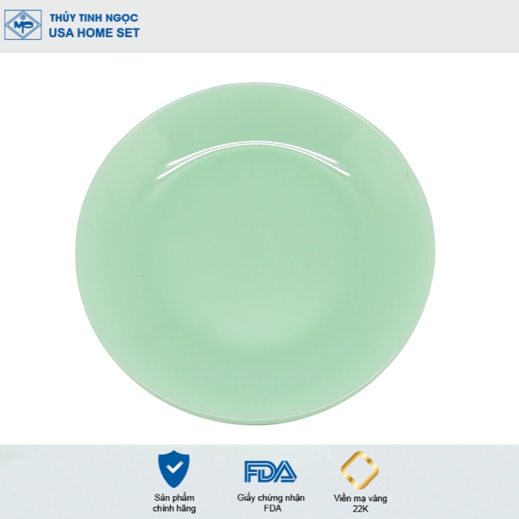 Đĩa tròn nông màu xanh ngọc lục bảo không viền vàng Thủy Tinh Ngọc USA Homeset cao cấp nhập khẩu chính hãng
