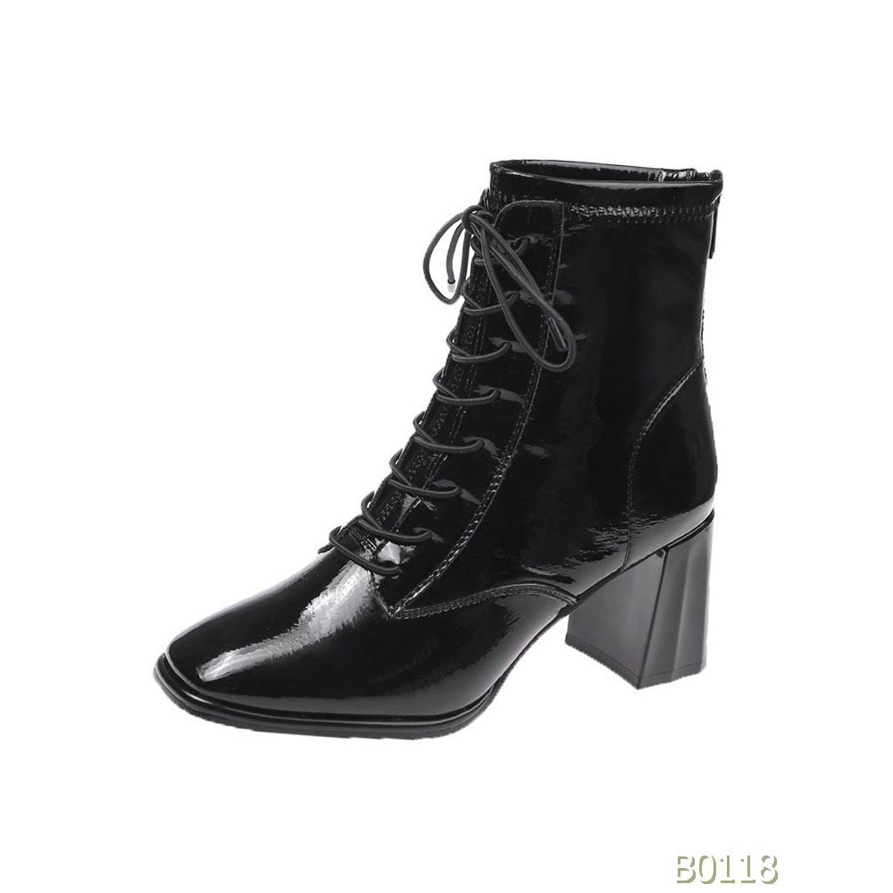 Sẵn Boots Da Bóng khóa rìa lot lông Thu đông 6.5cm Video ảnh thật