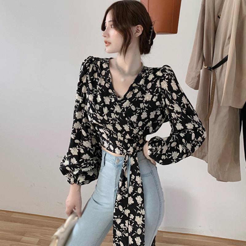 Áo voan kiểu tay dài hoạ tiết hoa cổ chữ V quyến rũ
