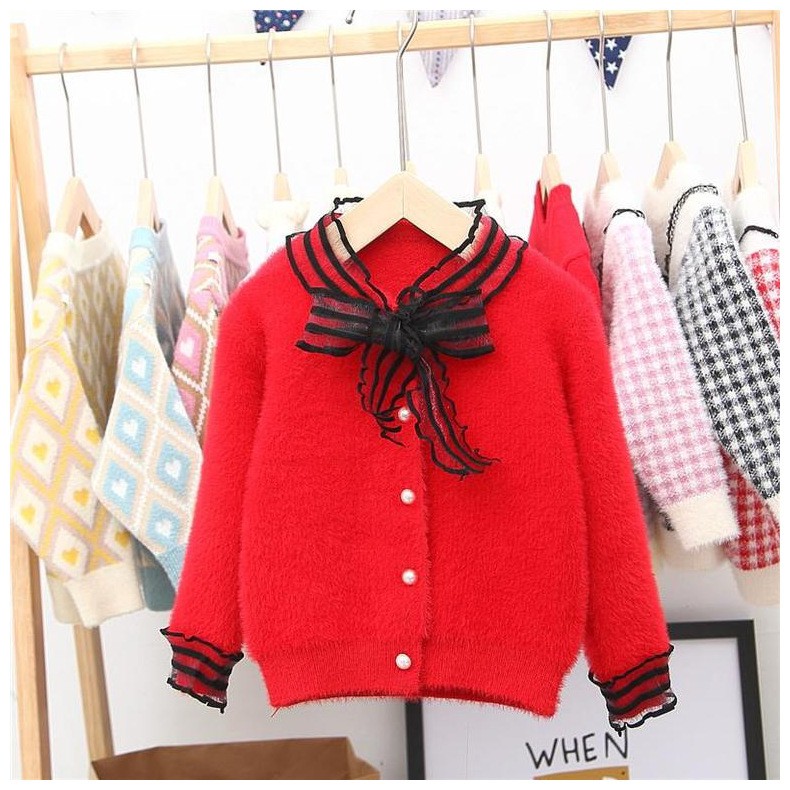 Áo khoác len cài cúc cổ nơ ren siêu xinh bé gái size 8-18kg (HÀNG QCCC) AL34