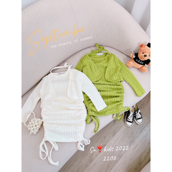 Set len thừng áo khoác + váy dây body cho bé gái