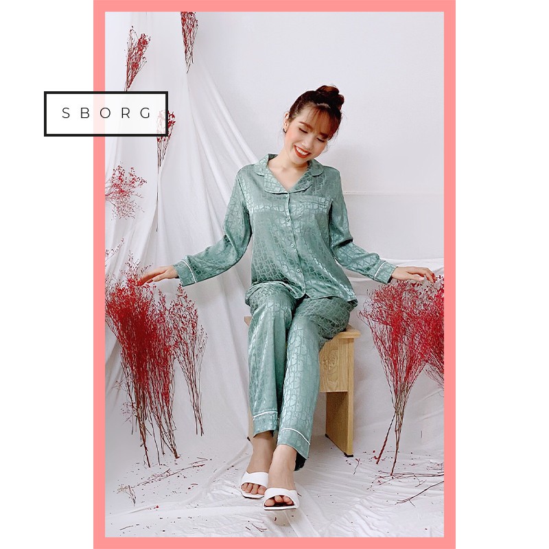 Bộ đồ ngủ pijama lụa SBORG Vải gấm sang trọng tay dài cổ chữ V, mềm mịn không gây kích ứng da có túi