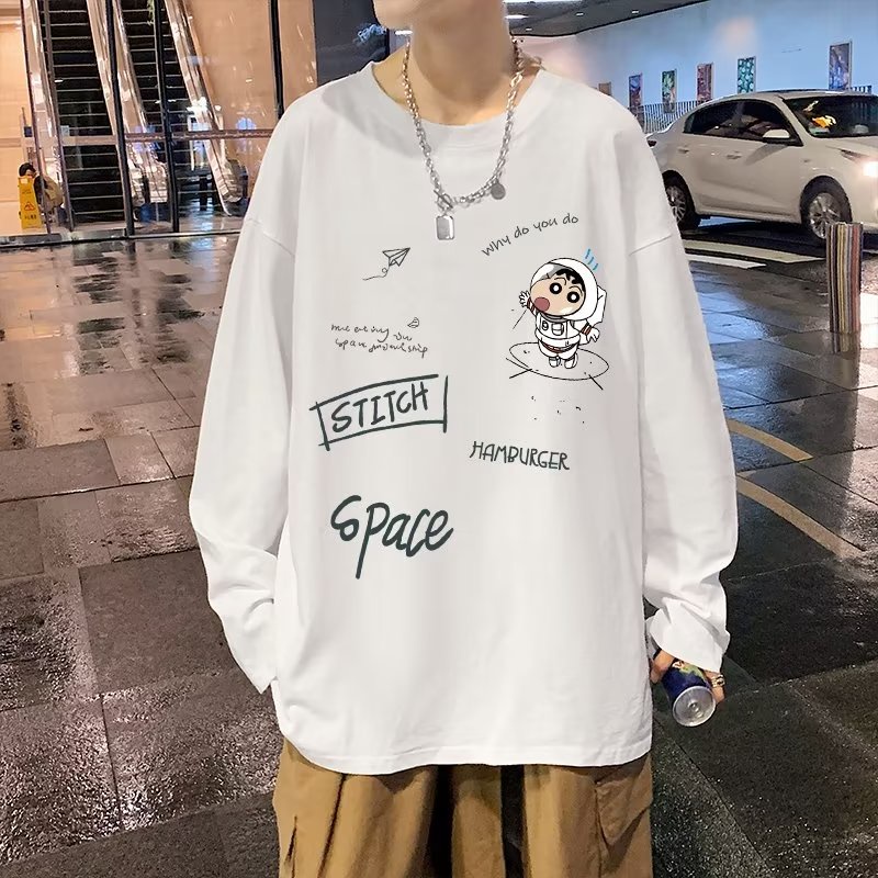 Áo Thun Tay Dài Cổ Tròn Dáng Rộng In Họa Tiết Hoạt Hình Phong Cách Hip Hop Hàn Quốc Thời Trang Cho Nam Size M-5XL