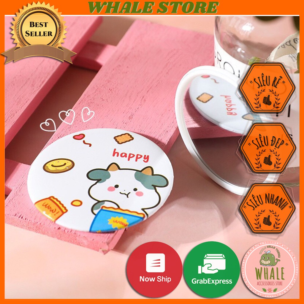 Gương Trang Điểm Mini 1 Mặt Cầm Tay Bỏ Túi Hình Bò Sữa Whale Store - WSTG2501