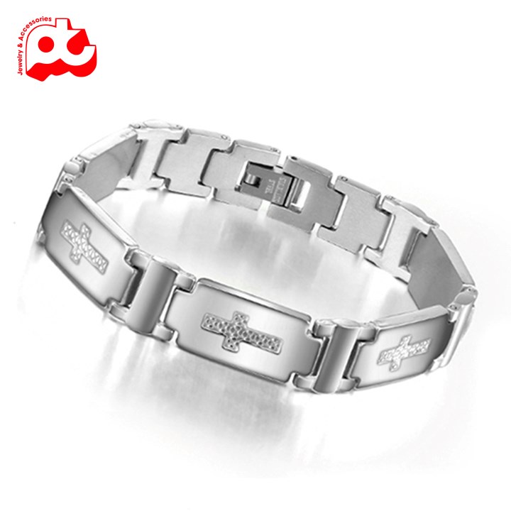 Lắc tay titan nam cao cấp đẹp sang trọng inox thép không gỉ kiểu chạm thánh giá trangsucpt màu trắng PTLTNA97