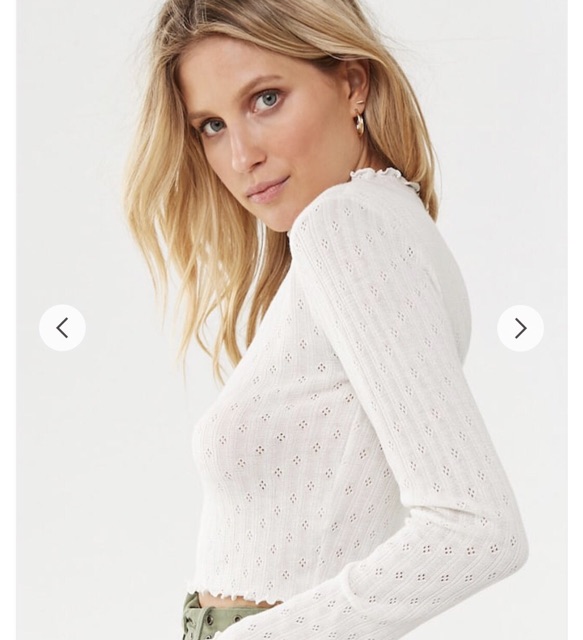 Áo Croptop Thun Len Nữ F21 Trắng Kem / Xanh Rêu Cổ Lọ Tay Dài Lai Sóng lỗi sượt vải