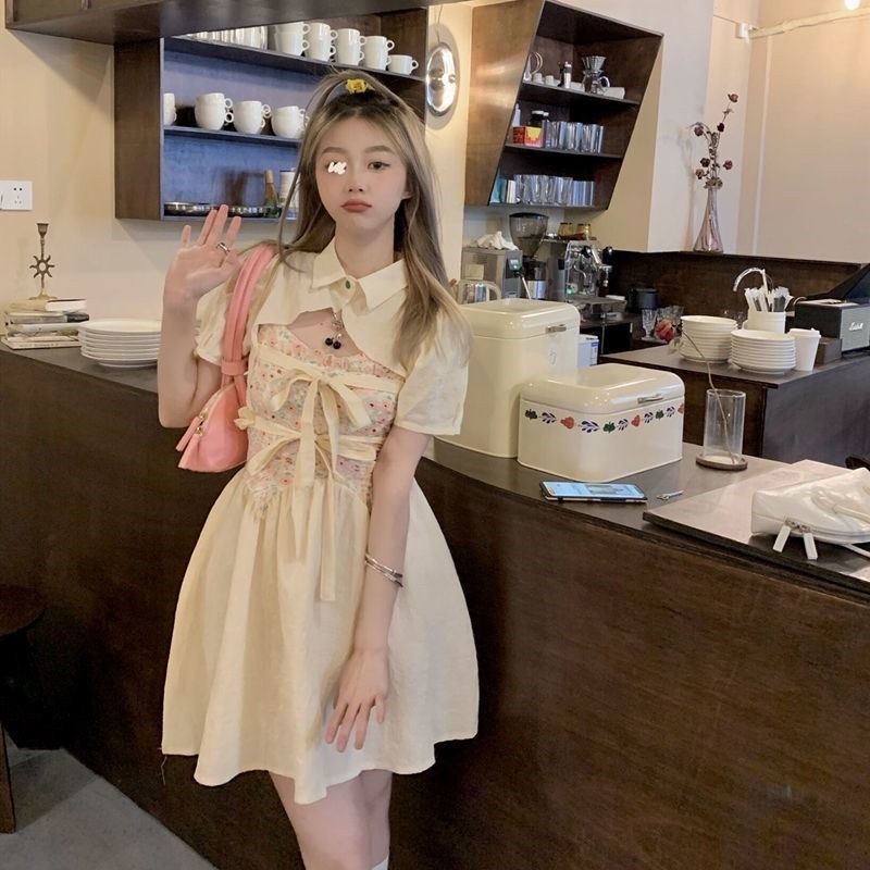 Set Áo Sơ Mi Chiffon + Đầm Hai Dây Họa Tiết Hoa Phong Cách Pháp Cho Nữ