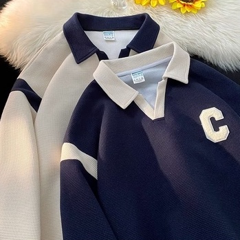 Áo Thun POLO Dài Tay Cổ Chữ V Form Rộng Thêu Chữ Thời Trang Dành Cho Nam