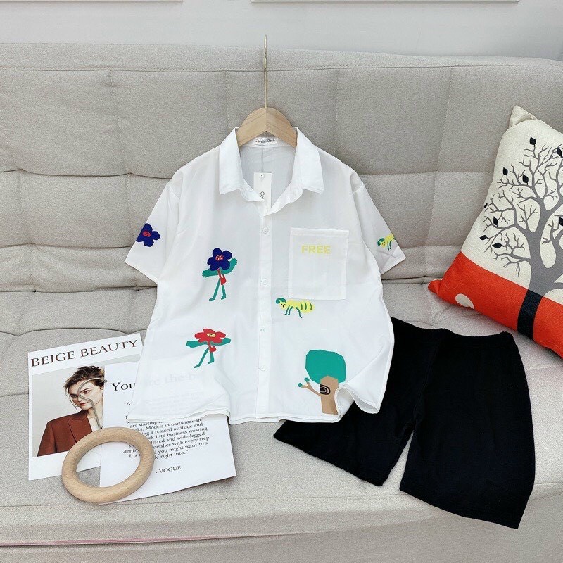 sét bộ sơ mi in phối quần ngố