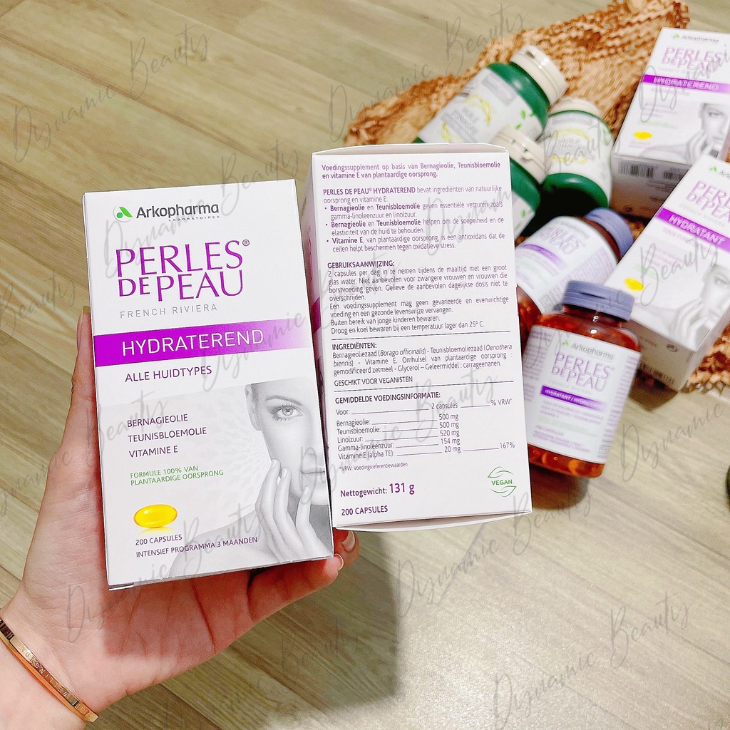 Viên uống collagen đẹp da Arkopharma perles de peau hydraterend 200 viên cấp ẩm, căng bóng da