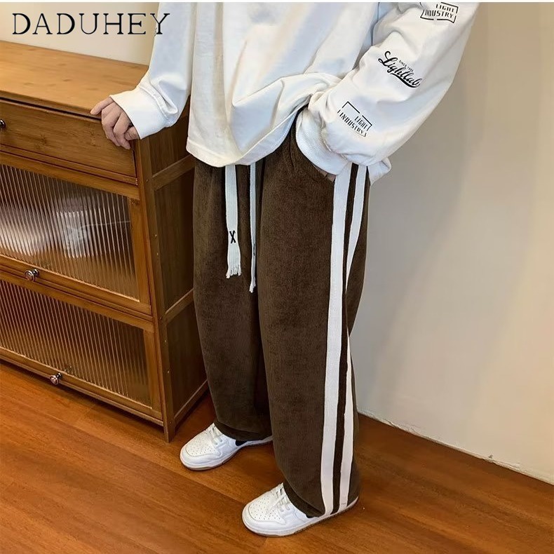 DaDuHey Men's Autumn Fashion Brand Loose Striped Casual Pants Ins Corduroy Straight Wide Leg Sports Pants