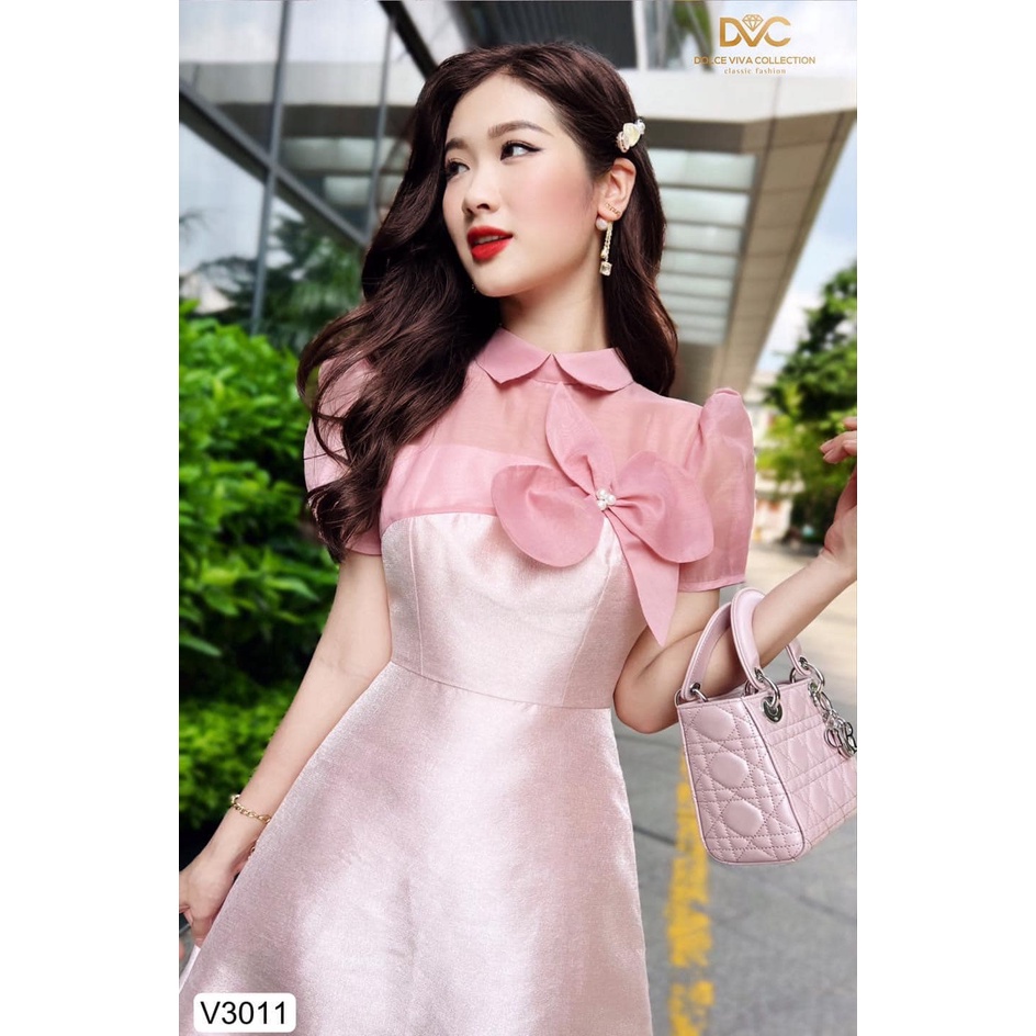 Váy tiểu thư thiết kế màu hồng chât tafta cao cấp phối ren ngực V3011- DVC