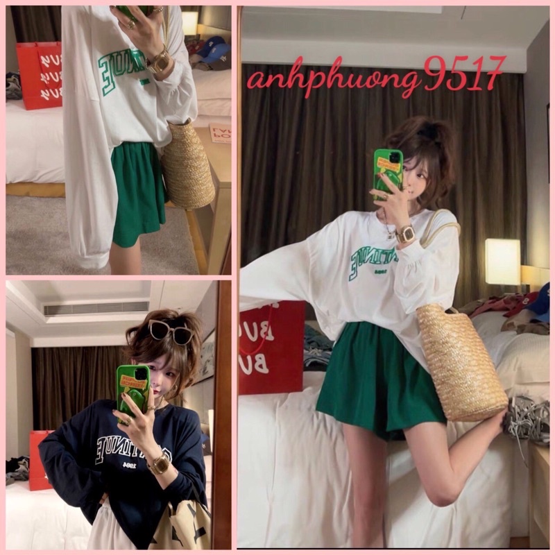 Set Đồ Áo Thun Dài Tay ContinueBộ quần short đùi áo form rộng Unisex mặc ở nhà UlzzangPhong cách thể thao chất Chân cua