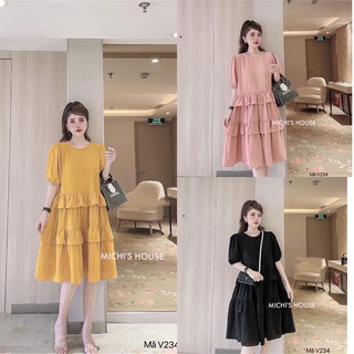 Váy suông bèo tầng dáng babydoll, đầm xuông rộng freesize, tay phồng 3 màu vàng, hồng, đen mã V234 - Michi's House
