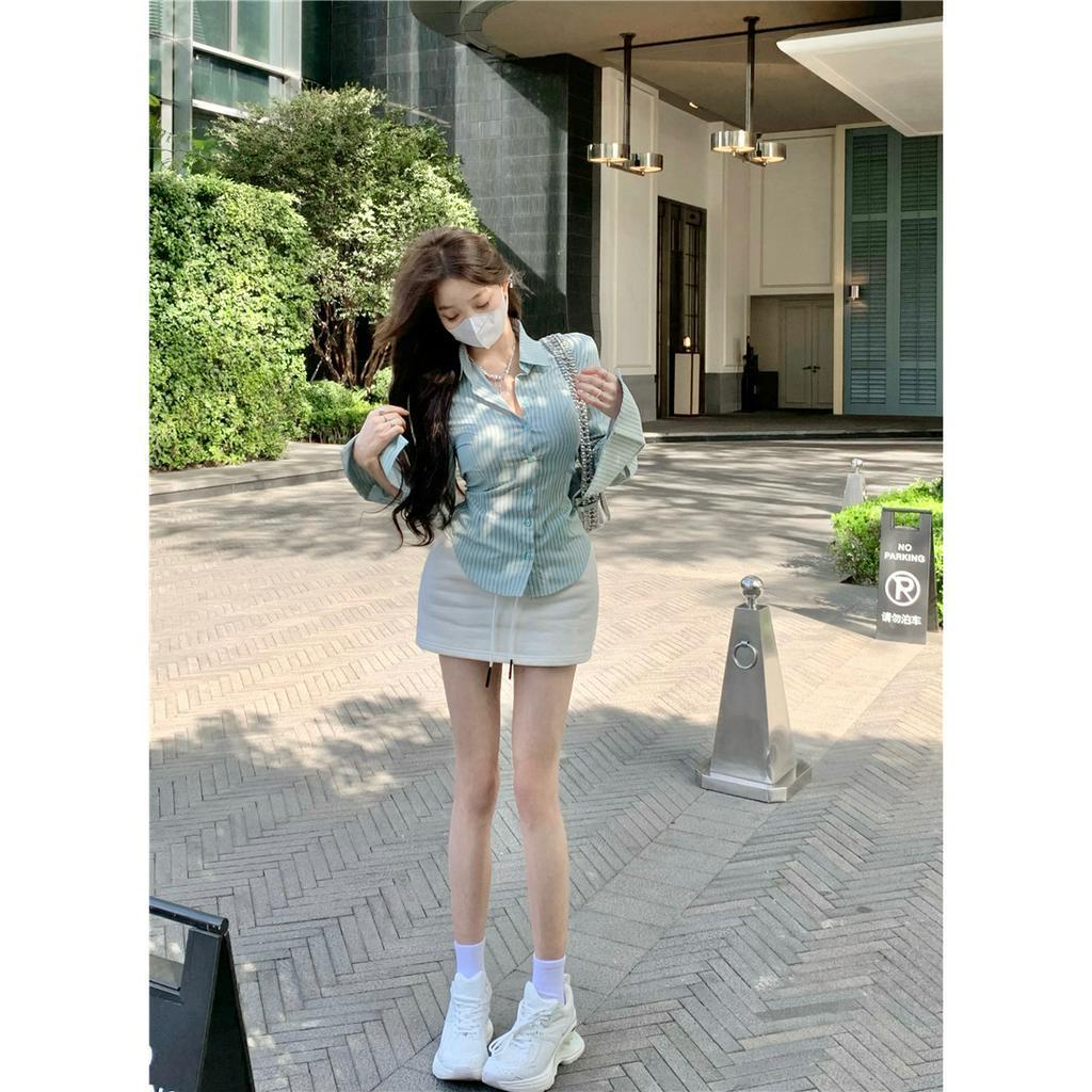 Áo Sơ Mi Tay Dài Cổ Bẻ Form Ôm Họa Tiết Kẻ Sọc Thời Trang Mùa Xuân