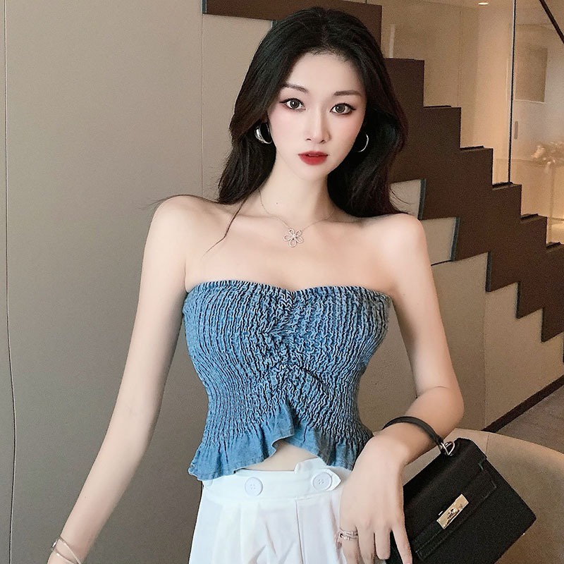 Áo Denim Trễ Vai Dáng Ôm Phong Cách Hàn Quốc Thời Trang Mùa Hè Cho Nữ