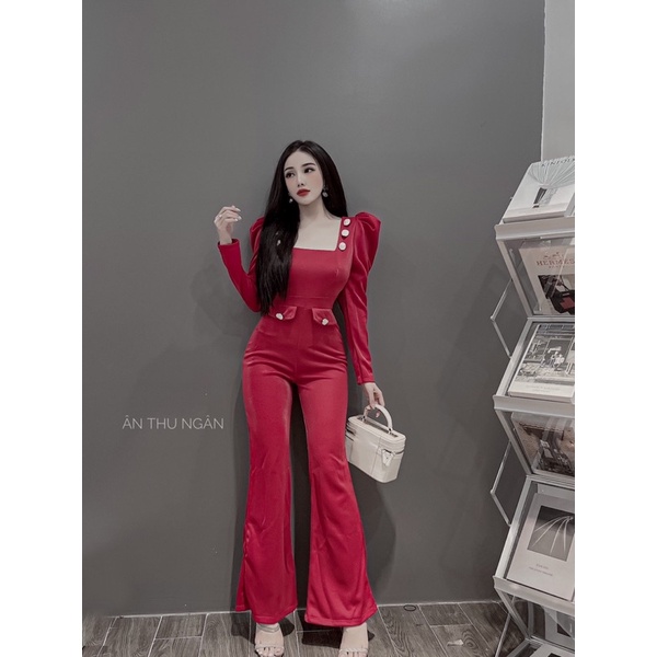 Jumsuit cổ vuông tay bồng đính đá