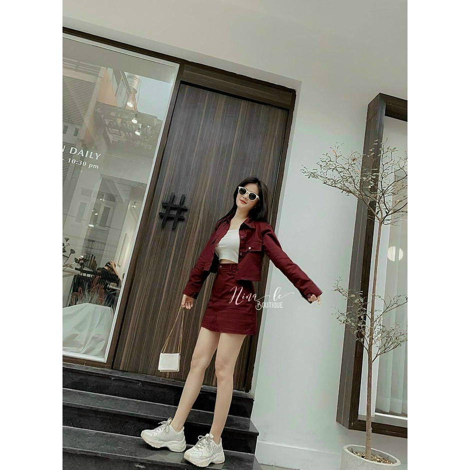 [8.8 Sales Freeship] Set váy nữ 2 món, áo tay dài croptop + chân váy chữ A, set sơ mi vải for đắp túi dạo phố trẻ trung