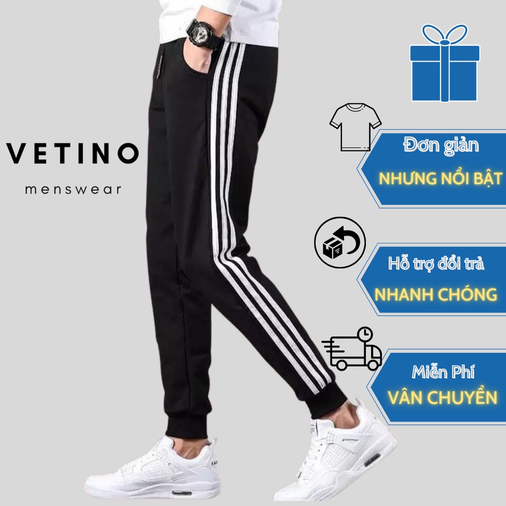 Quần thể thao nam VETINO Sọc Quần nam nữ Thu Đông chất dày co giãn mặc nhà mặc thể dục