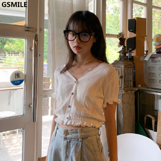 Áo Croptop Dệt Kim Tay Ngắn Cổ Chữ V Phong Cách Hàn Quốc