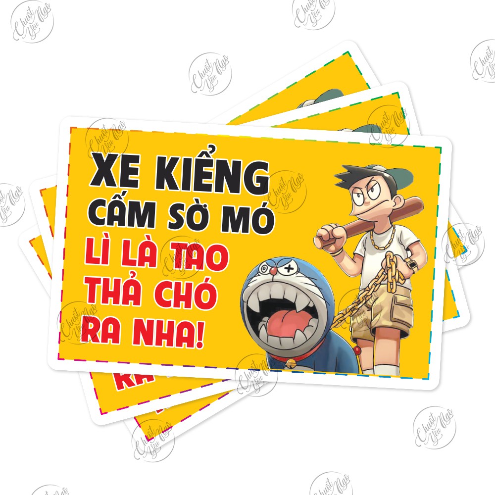Combo 5 miếng dán cảnh báo vui dán xe máy hình Đô Rê Mon Mượn Xe Nhớ Đổ Xăng, Xe Má Mua Đua Má La