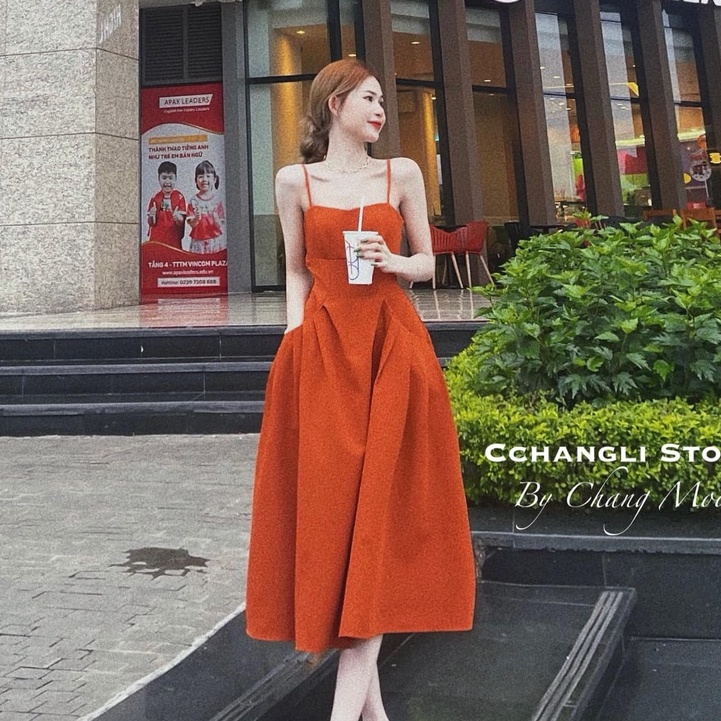 Váy Đầm Hai Dây Dáng Dài Đi Biển Màu Cam Cháy Tôn Eo Che Khuyết Điểm Bụng, Đầm Maxi Thiết Kế Dáng Dài