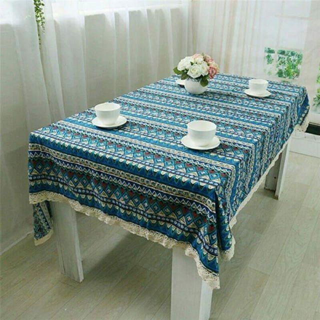 Khăn trải bàn vải linen mẫu thổ cẩm xanh