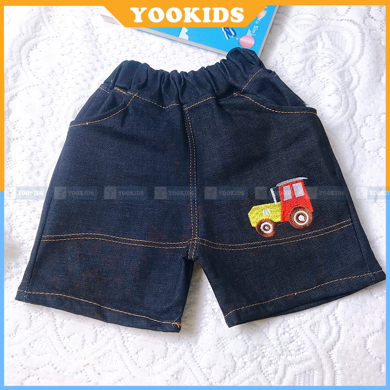 Quần Jean Bé Trai -SALE- Quần Short Bé Trai Chất Bò Jean Thô Thêu Hình Xe Size 8 - 19kg Đủ Size Cho Bé 1 - 7 Tuổi