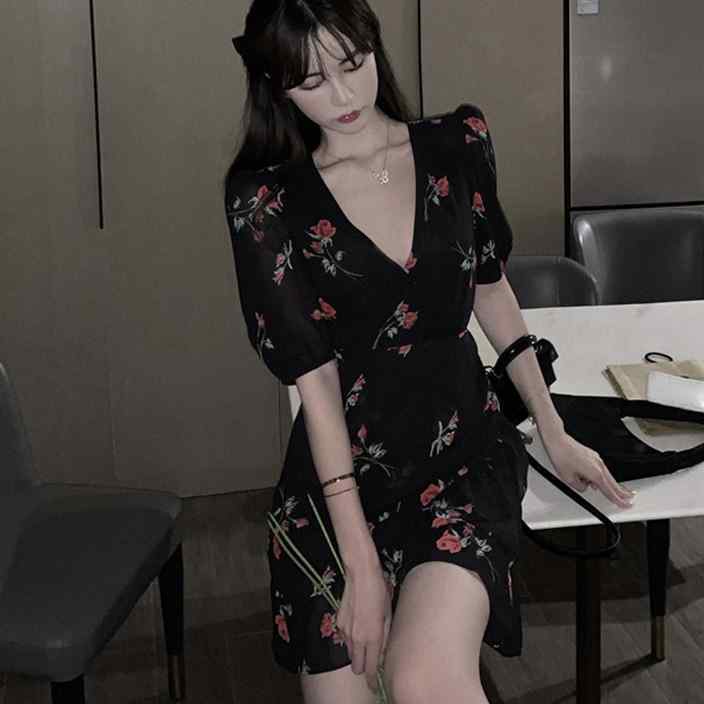 Đầm Ngắn Cổ Chữ V In Họa Tiết Hoa Phong Cách Pháp Thời Trang Mùa Hè Hàng Mới