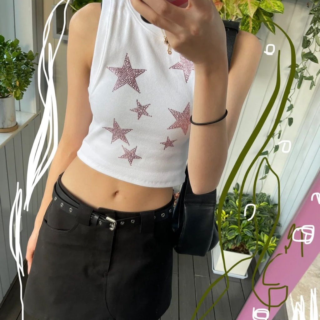 Áo Camisole Y2k Đính Đá Lấp Lánh Lưng Cao Dễ Phối Đồ
