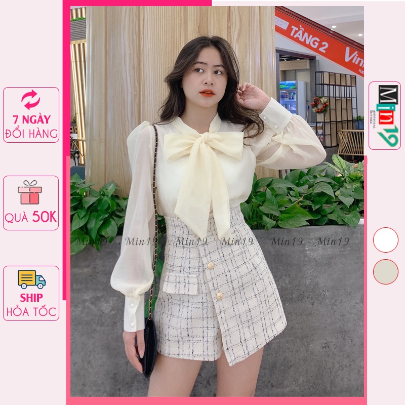 Áo sơ mi nữ kiểu Hàn Quốc bánh bèo tiểu thư đẹp form rộng bigsize cổ nơ tay phồng màu trắng be thời trang
