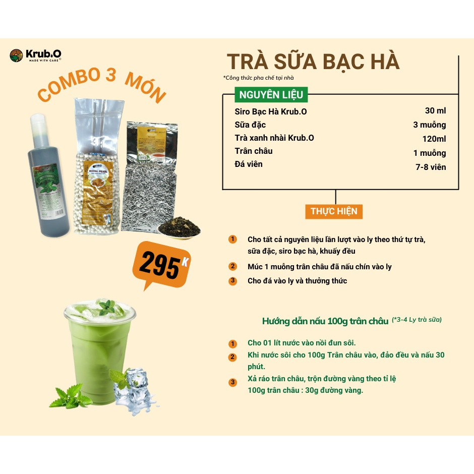 Siro bạc hà Krub.O nguyên liệu pha chế trà sữa đồ uống trà hoa quả cà phê chai 650ml