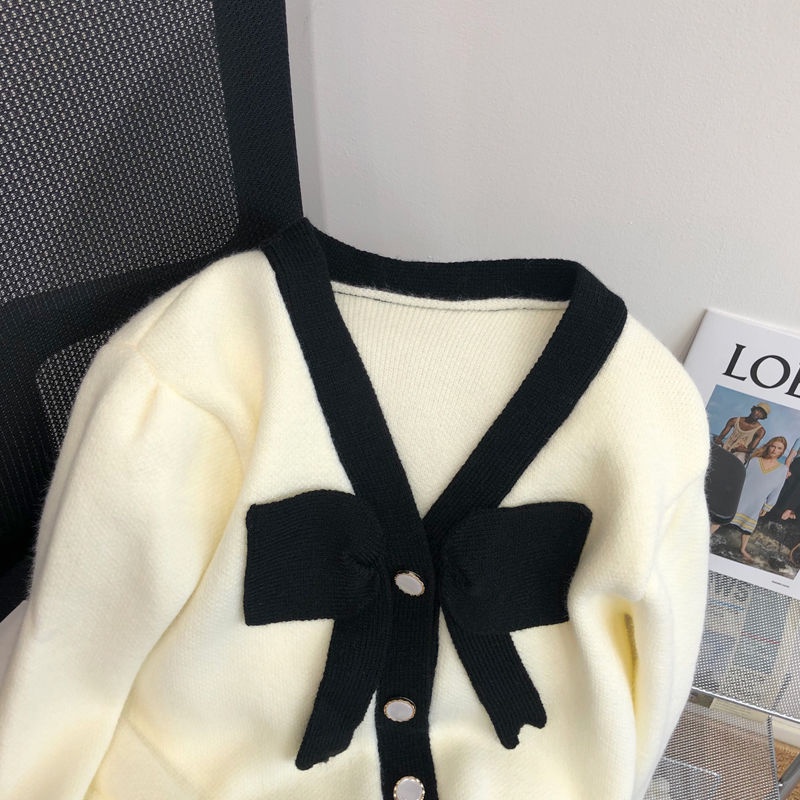 Áo Khoác Cardigan Dệt Kim Dáng Ngắn Phối Nơ Nữ Tính