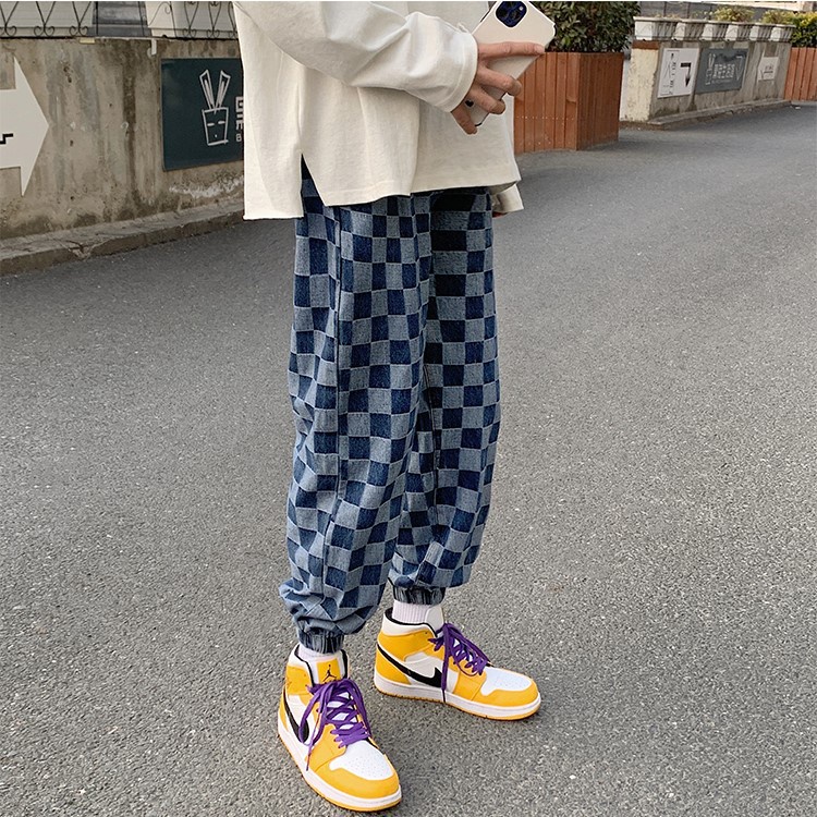 Quần Jeans Dài Ống Rộng Họa Tiết Sọc Caro Phong Cách Hàn Quốc Cho Nam