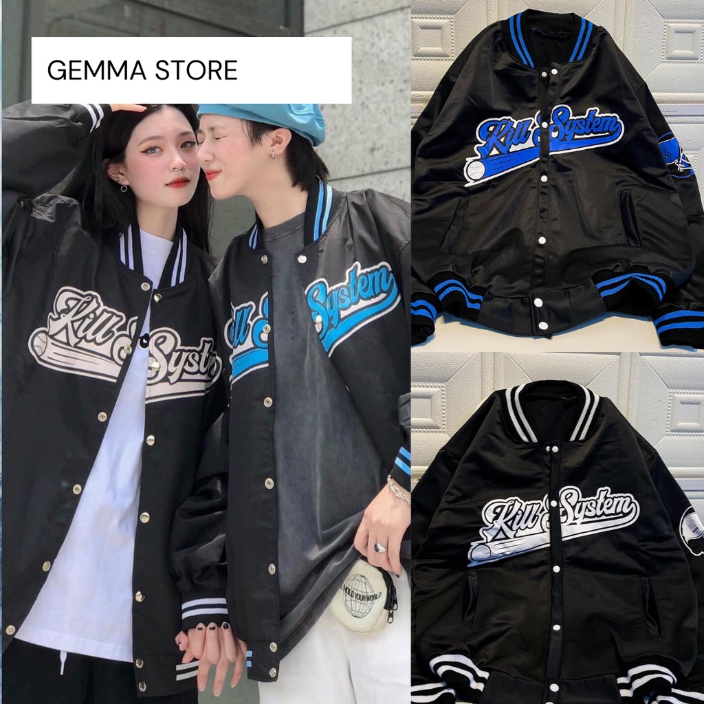 Áo khoác Bomber Kill System cổ viền Gemma Store - Jacket Bomber Unisex Kẻ viền XANH I TRẮNG
