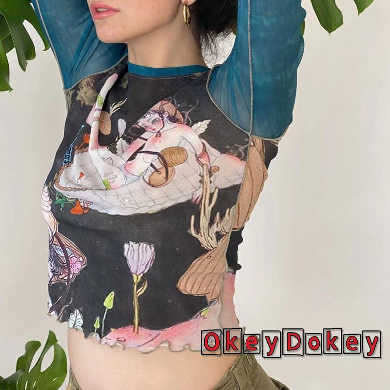 Áo Thun Tay Dài Y2K Cổ Tròn In Họa Tiết Màu Sắc Tương Phản Siêu Mỏng Thời Trang Đường Phố Cho Nữ