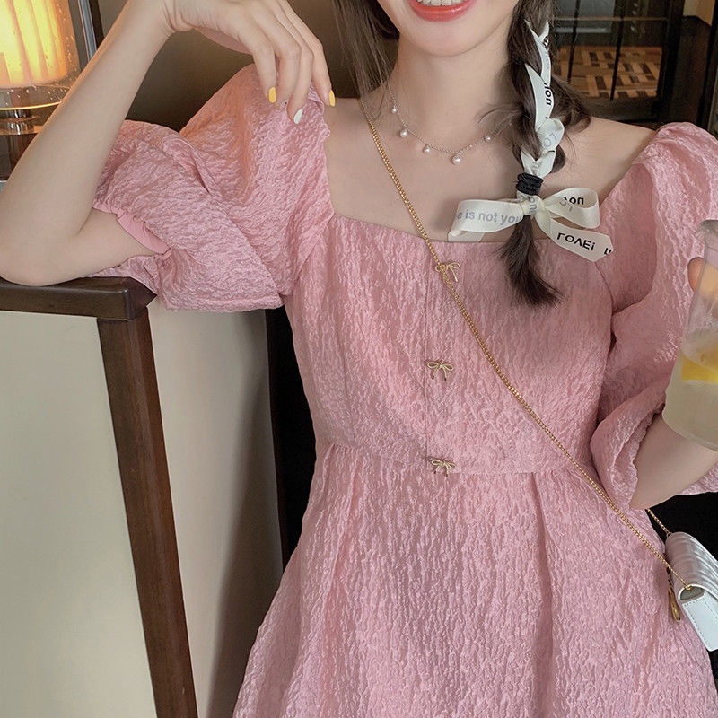 Đầm Hồng Tay Phồng Cổ Vuông Phong Cách Retro Pháp