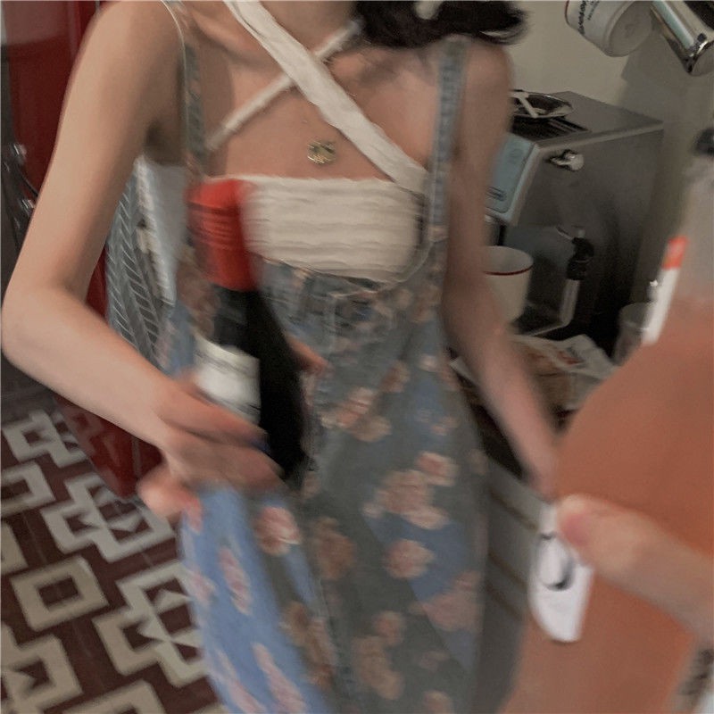 Váy treo in hoa hồng denim hai mảnh mùa hè 2023 dài họa tiết hoa váy treo váy denim