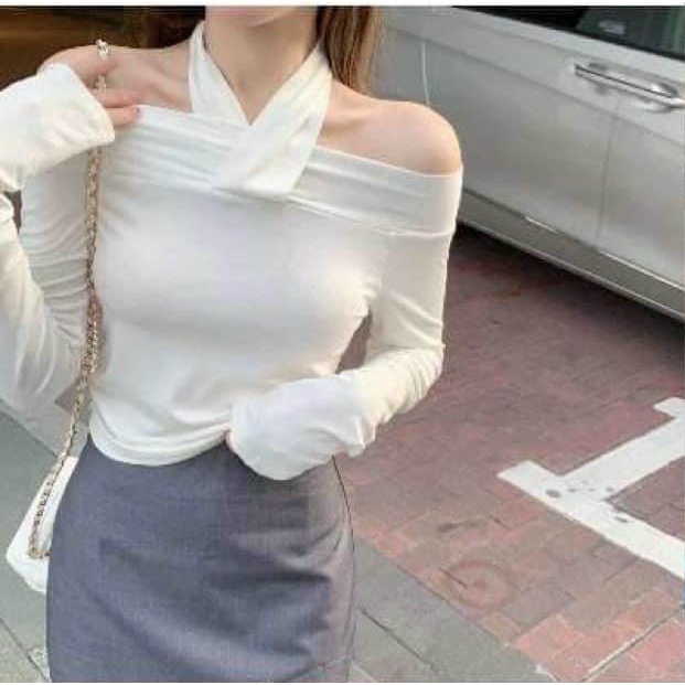 Áo thun tay dài kiểu nữ bệt vai dây yếm chéo chất cotton lụa mềm - 25 STORE