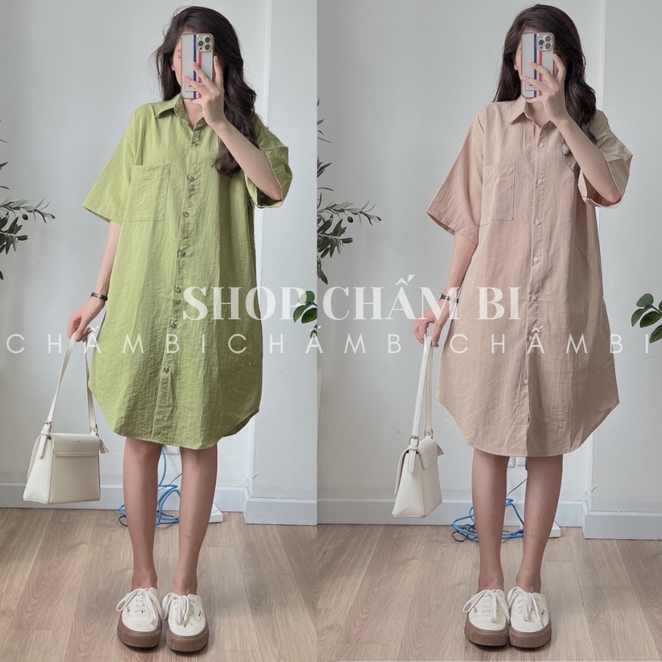 Váy sơ mi kiểu nữ V.108, Váy kiểu dáng dài cổ đức túi ngực xẻ tà nhẹ chất đũi xước mát mẻ - Thời trang nữ Chấm Bi