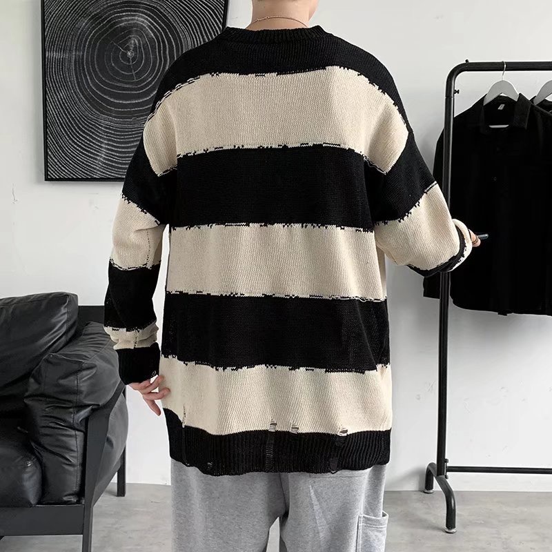 Áo sweater cổ tròn tay dài dáng rộng kẻ sọc thiết kế rách phong cách Hàn Quốc cá tính cho nam