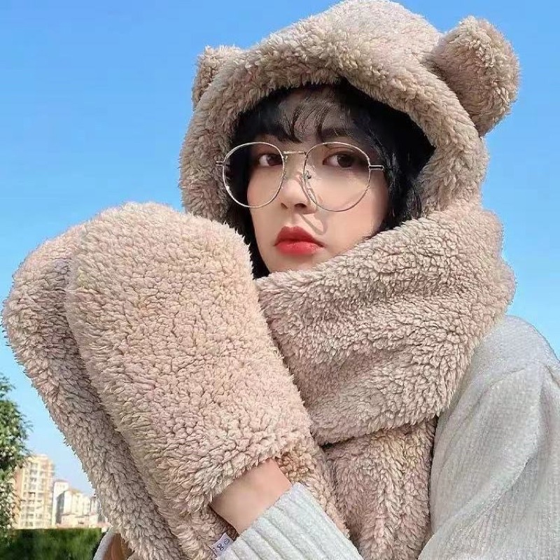 Mũ lông cừu kèm khăn, găng tay siêu ấm áp, đáng yêu