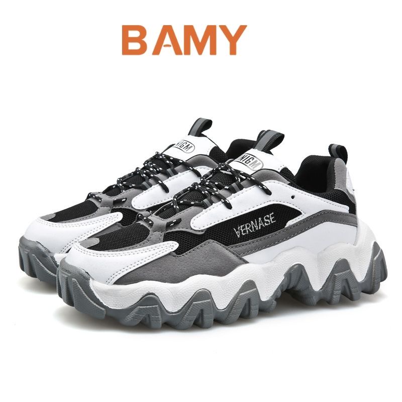 Giày thể thao nam sneaker M618 đen trắng, chất vải thoáng khí, tăng chiều cao, đế lượn sóng BAMY shoes