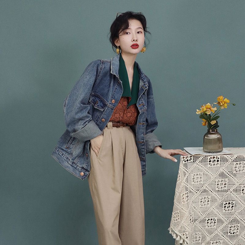 Áo Sơ Mi Nữ Dài Tay In Hoa Phong Cách vintage Màu Sắc Tương Phản